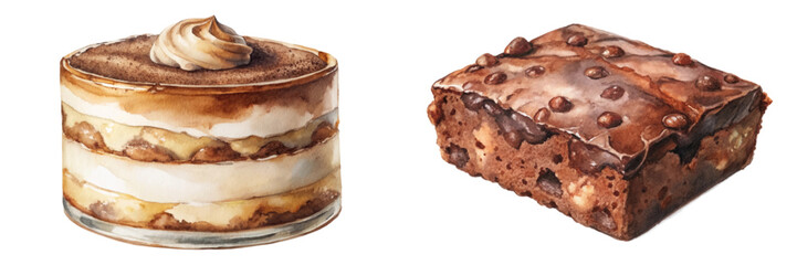 Delicious dessert illustrations, watercolor style, layered cake, chocolate brownie, sweet treats, food art, bakery design.