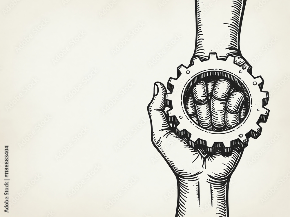 Poster a simple black and white illustration of a hand turning gear with copy space available on textured p