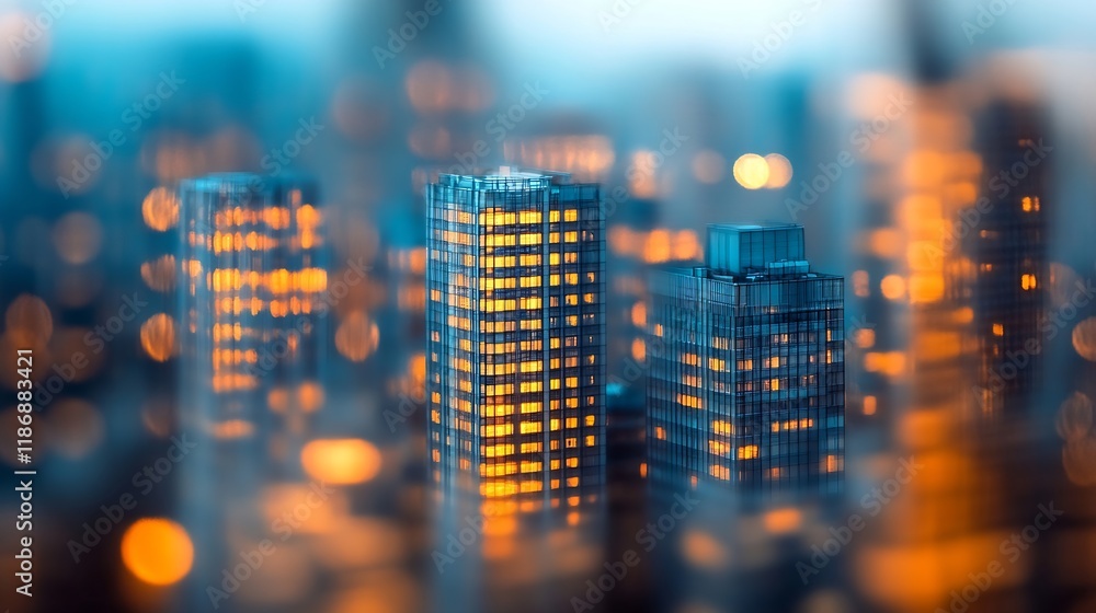Poster illuminated skyscrapers in cityscape with bokeh effect at night : generative ai