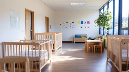 Bright Sunlit Nursery Room with Empty Cribs and Wall Decorations : Generative AI