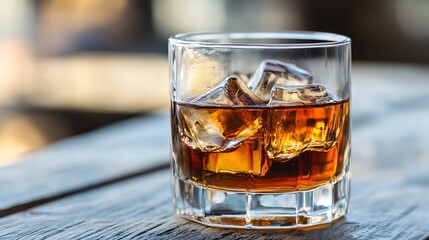 Refreshing Glass of Whiskey with Ice on Wooden Table in Sunlit Outdoor Setting : Generative AI