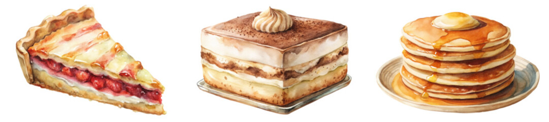 Delicious dessert illustrations, watercolor style, pie, tiramisu, fluffy pancakes, sweet treats, food art.