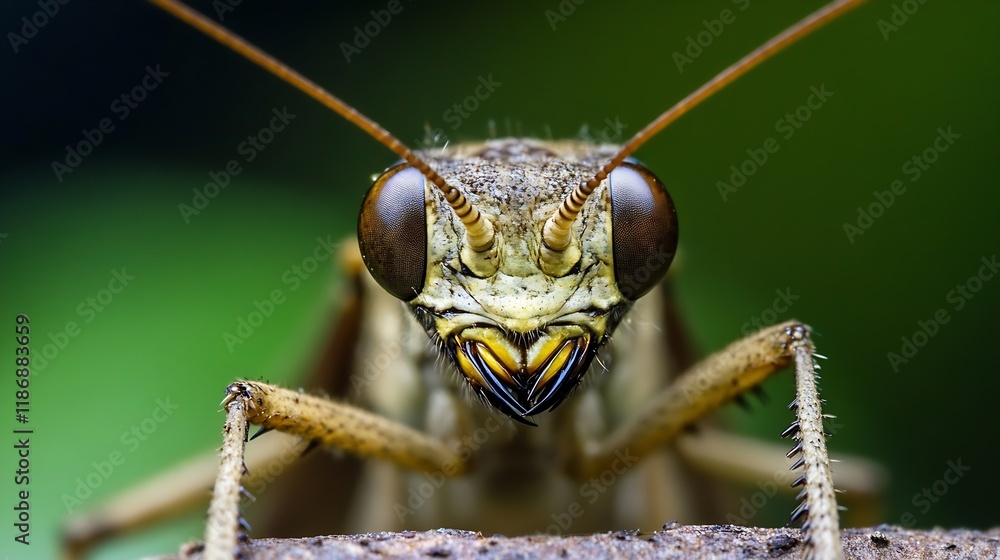 Aufkleber macro detail of grasshopper face closeup on green background nature insect study : generative ai