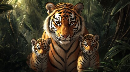 A captivating wildlife scene featuring a majestic tiger and her cubs