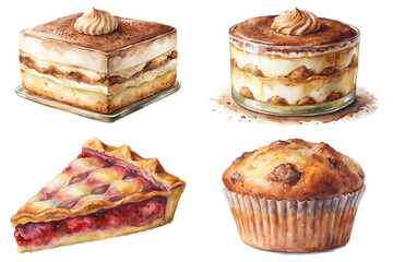 Delicious dessert illustrations, watercolor style, layered cakes, fruit pie, sweet muffins, bakery art.