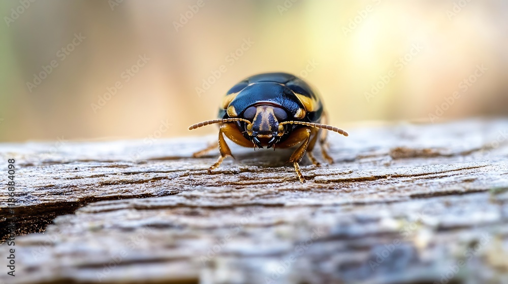 Poster closeup of beetle on wood with natural background and shallow focus : generative ai