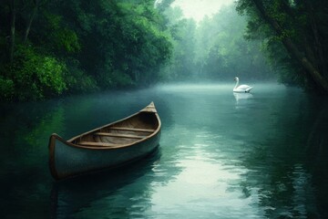 Serene Canoe on Tranquil Water with Swan in Lush Green Setting