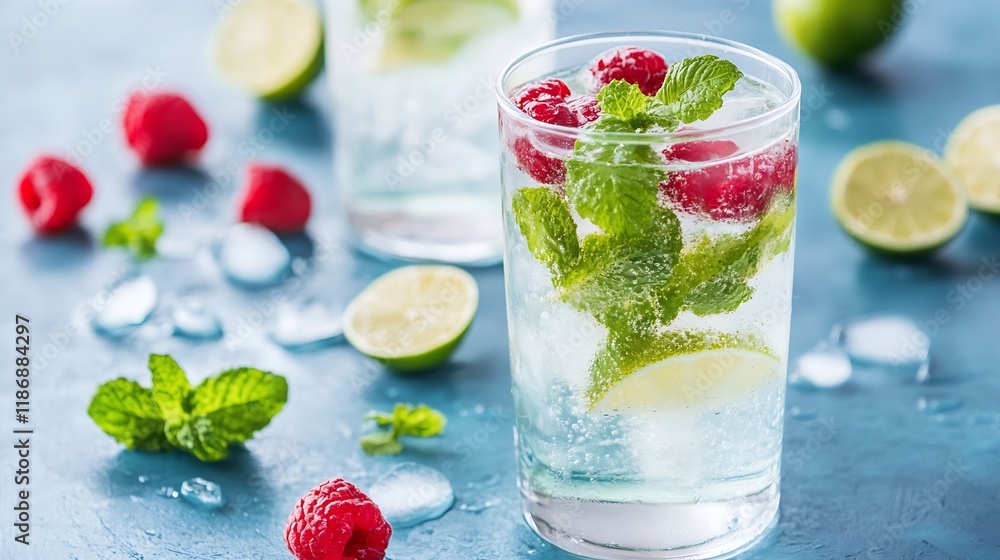 Aufkleber deliciously refreshing mojito with lime mint and raspberries on blue background : generative ai