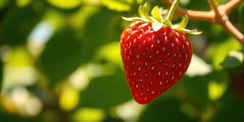 A single ripe strawberry, adorned with tiny white seeds, hangs from a branch, bathed in soft sunlight, against a backdrop of vibrant green foliage.