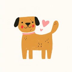 A cute, cartoon-style dog with a joyful expression, pink collar, and a heart nearby, embodying warmth and affection.