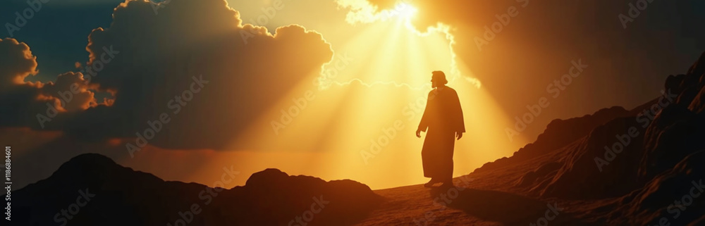 Poster a silhouette of jesus shines with light rays from the sky as he leaves the empty tomb on easter morn