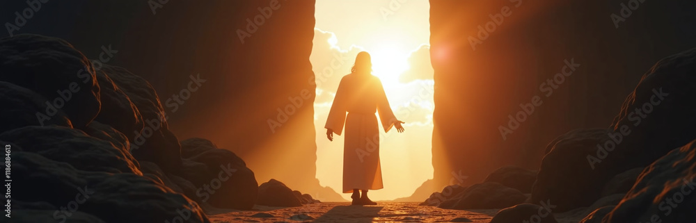 Poster a silhouette of jesus shines with light rays from the sky as he leaves the empty tomb on easter morn