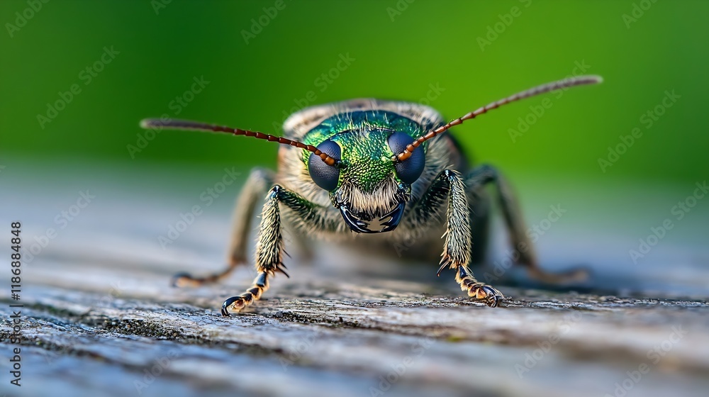 Poster macro image of green beetle on wood with detailed shell and antenna : generative ai