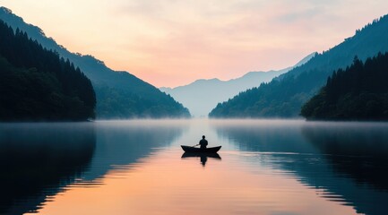 Fototapeta premium Tranquil Sunrise Over Misty Mountains and Serene Lake with Fisherman