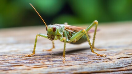 Close Up of Grasshopper on Wood Surface with Natural Green Background : Generative AI