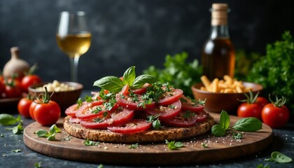Bruschetta with tomatoes, basil, and white wine on wooden board.food theme, rustic kitchen, meal promotion, cooking recipes, event catering.Culinary warmth. Fresh ingredients. Homely comfort.
