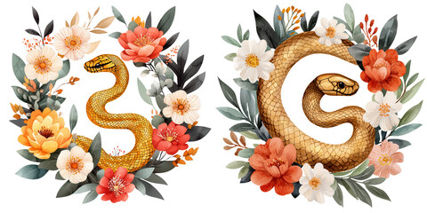 Obraz premium Elegant Snake in Delicate Floral Wreath 