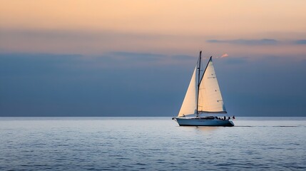 Fototapeta premium Serene Sailboat Silhouette Against a Sunset on Tranquil Ocean Waters : Generative AI