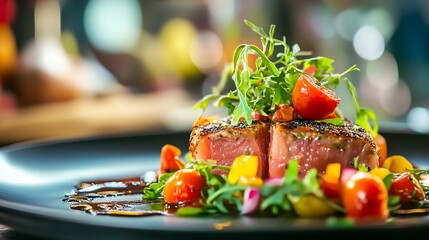 Gourmet Salmon Dish Prepared with a Colorful Array of Fresh Vegetables and Aromatic Herbs : Generative AI