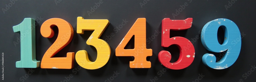 Poster a set of wooden numbers in vibrant colors is displayed against a plain black background for decorati