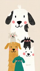 A playful illustration of five cute, cartoon-style dogs stacked together, featuring various colors and expressions against a simple background.