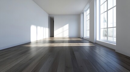 Obraz premium Bright Minimalist Empty Room with Hardwood Floors and Large Sunlit Windows : Generative AI