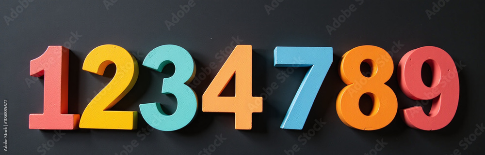 Poster a set of wooden numbers in vibrant colors is displayed against a plain black background for decorati