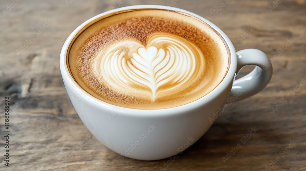 Poster artistic latte art in a white ceramic cup on rustic wooden table : generative ai