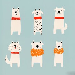 A colorful illustration of six playful dogs with different styles and accessories against a light blue background.