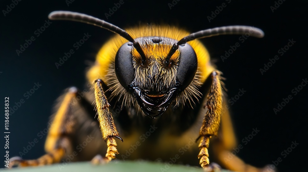 Poster Macro Shot of a Vibrant Bee with Fuzzy Texture and Intricate Wing Details : Generative AI