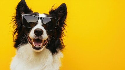 Obraz premium A close-up portrait of a cute, funny Border Collie wearing fashion sunglasses, exuding coolness against a bright yellow background