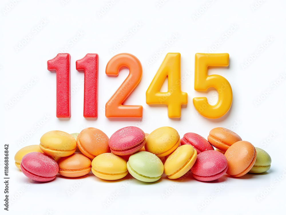 Poster A Set Of Isolated Numbers Is Placed Neatly Above A Cluster Of Colorful Sweets Against A Clean White Background. 00003