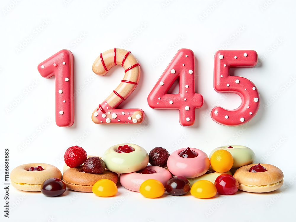 Poster A Set Of Isolated Numbers Is Placed Neatly Above A Cluster Of Colorful Sweets Against A Clean White Background. 00002