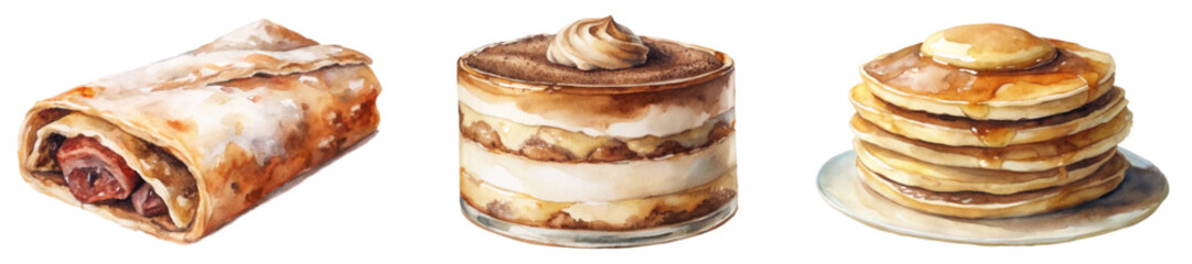 Delicious dessert options, watercolor style, sweet pastries, layered cake, fluffy pancakes, gourmet food presentation.