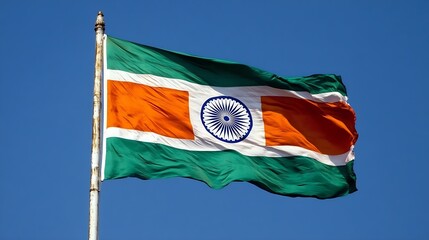 Indian national flag waving majestically in clear blue sky with vibrant colors : Generative AI