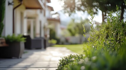 Obraz premium Serene Suburban Backyard with Green Landscaping in Soft Morning Sunlight : Generative AI
