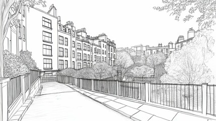 Architectural drawing of a cityscape, with carefully outlined high-rise buildings, streets, and urban features, offering a vision of modern architecture in a bustling metropolitan environment