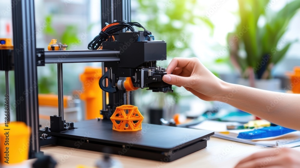 Poster designer adjusting a 3d printer while creating a new orange prototype in a bright office, showcasing