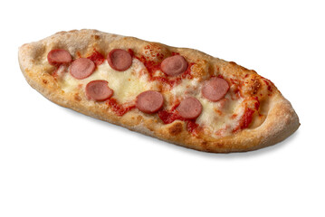 Pizza with tomato and cheese sauce and Würstel slices. Isolated on white with clipping path