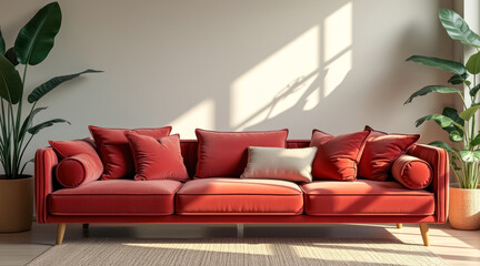 sunlit coral velvet sofa with plush pillows