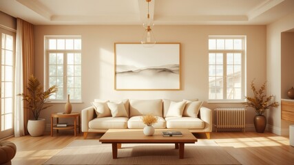 A modern living room with a neutral color palette, featuring a cream-colored sofa, a wooden coffee table, and a large window allowing natural light to illuminate the space.