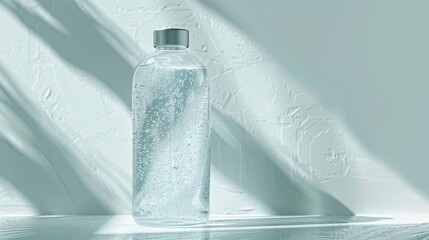A close-up of a translucent bottle of body wash, the clear liquid inside visible with a subtle texture. The bottle stands out against a clean white surface.