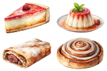 Delicious dessert selection, colorful pastries, watercolor style, sweet treats, gourmet desserts, artistic food presentation.