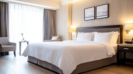 Modern Luxury Hotel Bedroom Interior with Double Bed and Natural Light Through Large Window : Generative AI