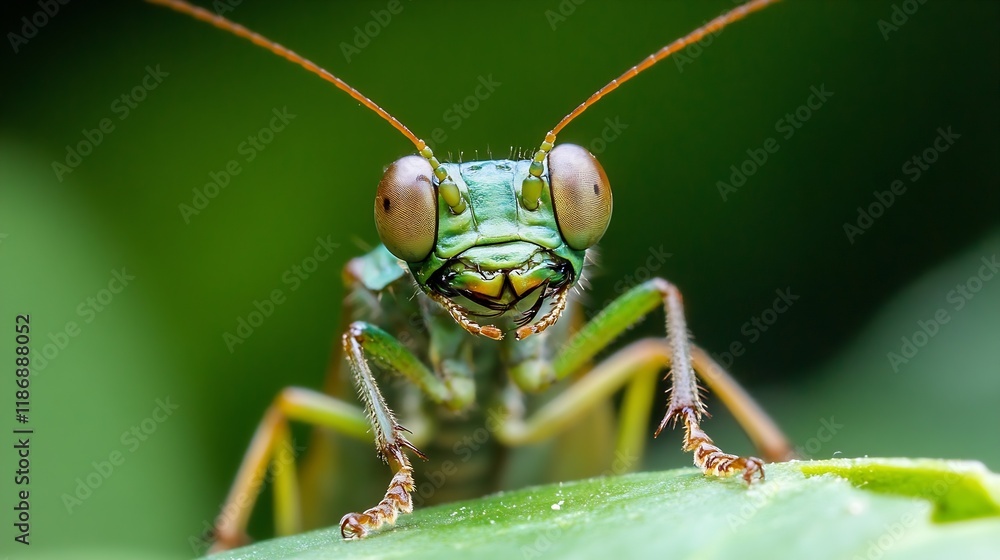Poster Exquisite Macro Details of Praying Mantis Face with Natural Green Background : Generative AI