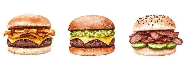 Gourmet fast food set juicy hamburger meal with bacon and fresh vegetables