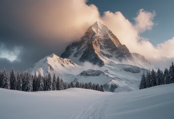 A beautiful, snowy mountain landscape featuring trees in the foreground