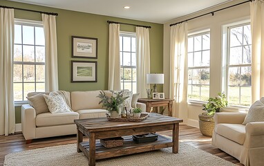 Fototapeta premium Sunlit living room with beige sofa, wooden coffee table, and large windows