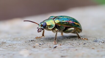 Fototapeta premium Vibrant Metallic Insect On Rock Surface Showcasing Nature's Intricate Beauty : Generative AI