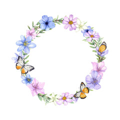 Watercolor spring flowers, eucalyptus branches, white orange butterflies wreath. Blue anemone, liverwort, pink cosmos flower frame for Valentine day cards, invitation design, stationery. Empty space